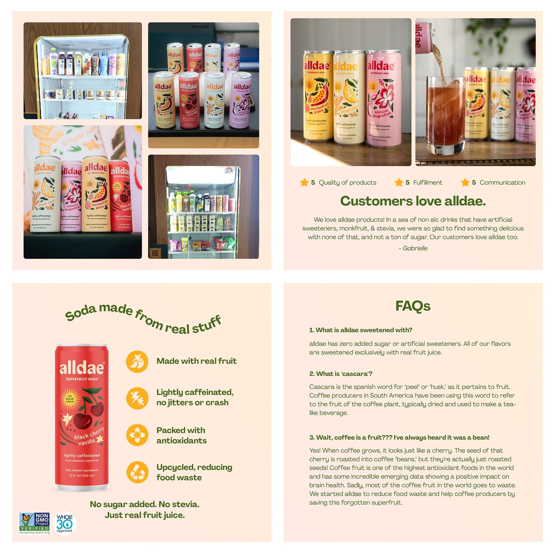 Collage of alldae soda products with promotional text and images.