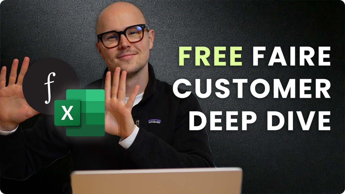 Man with glasses holding a laptop with text about a free Faire Customer Deep Dive.