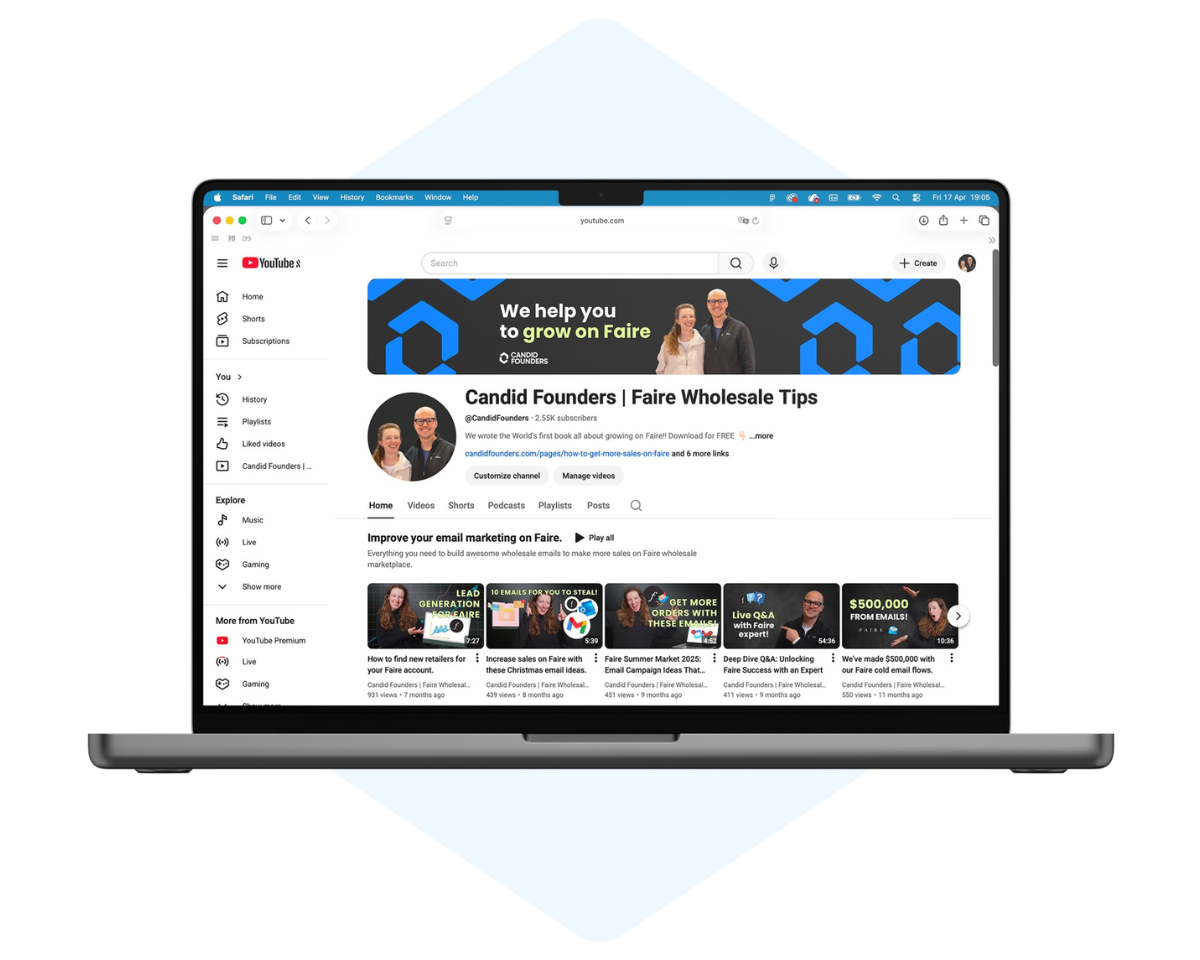 Laptop displaying a YouTube channel page of Candid Founders