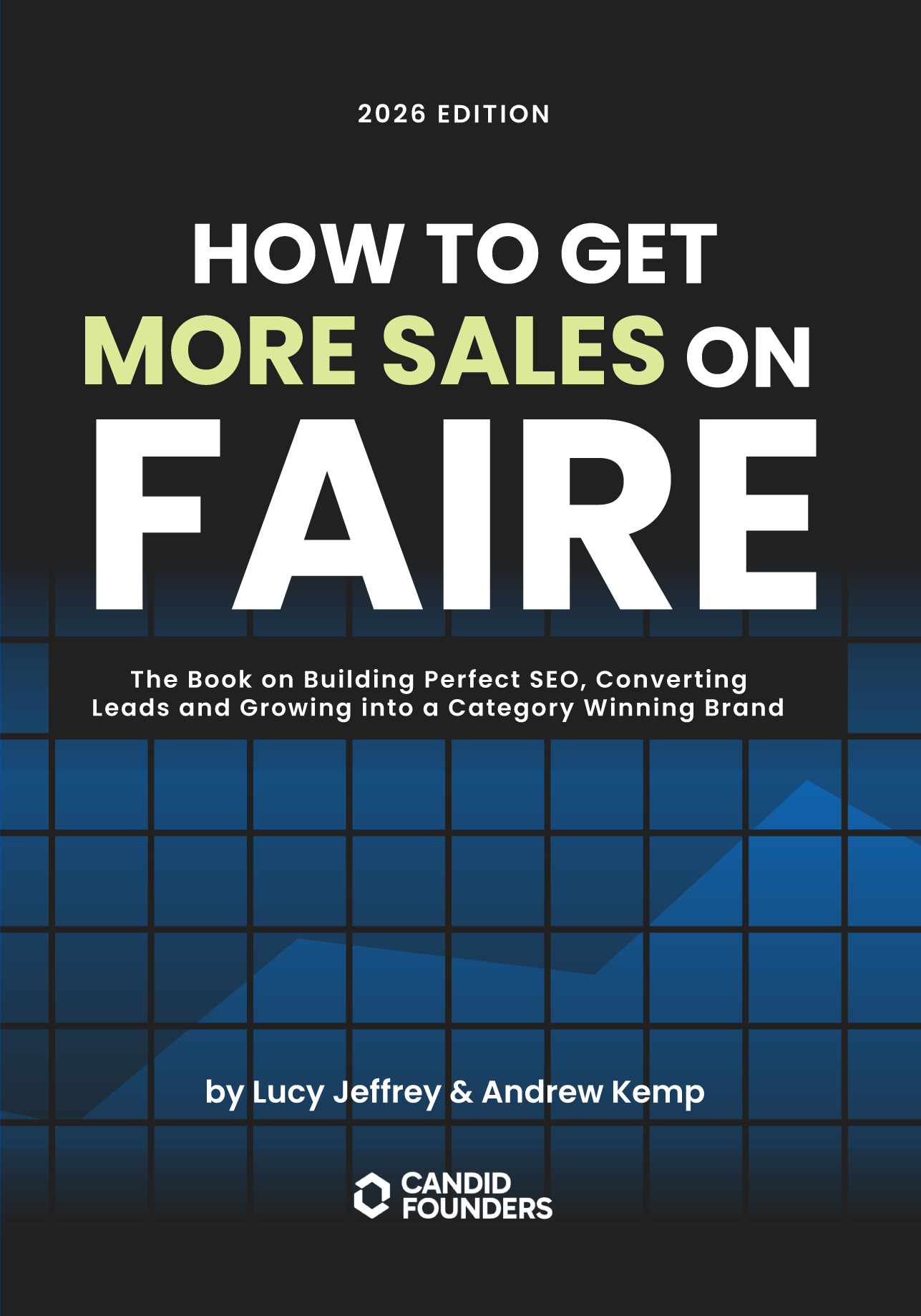 Book cover for 'How to Get More Sales on Faire 2026 Edition' by Lucy Jeffrey & Andrew Kemp, published by Candid Founders. The cover features a dark gray and black background with a blue grid pattern at the bottom, and bold white and light green text.