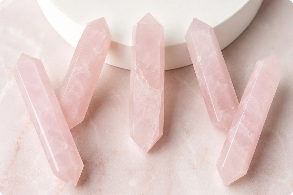Four pale pink rose quartz crystal points arranged on a light pink marble surface with a white ceramic dish in the background.