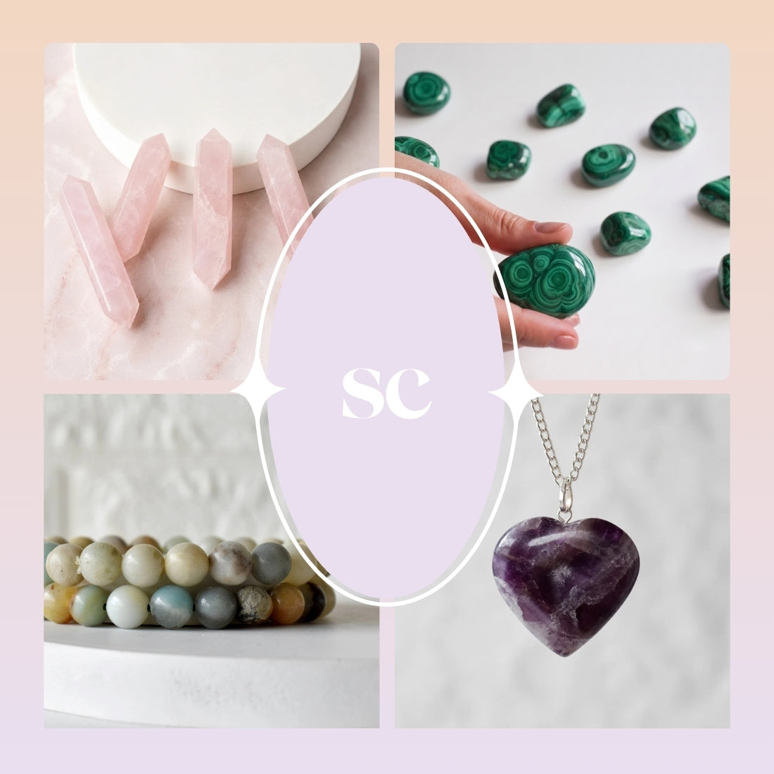 A four-panel collage showcasing various natural stones and crystals: pink rose quartz points, green malachite beads, a beaded bracelet, and a heart-shaped amethyst pendant necklace. A central lavender oval contains the white letters 'sc' on a pale pink background.