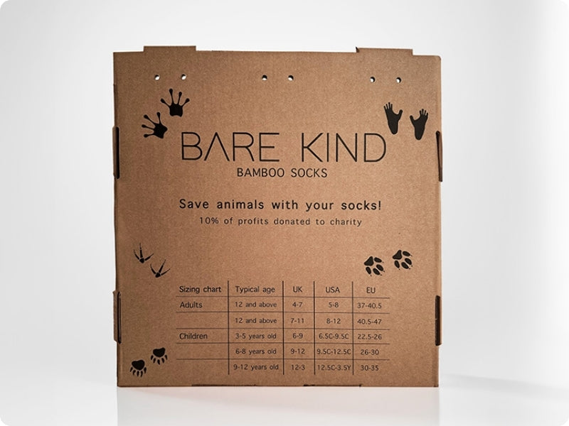 Cardboard POS stand for Bare Kind bamboo socks with size chart on a white background