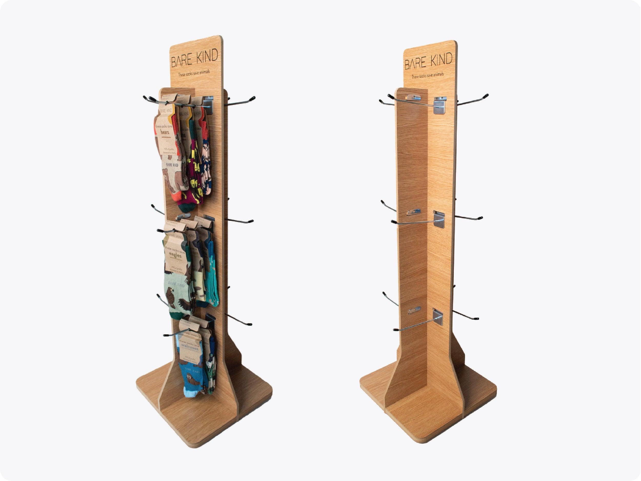 Two display stands with product hooks on a white background