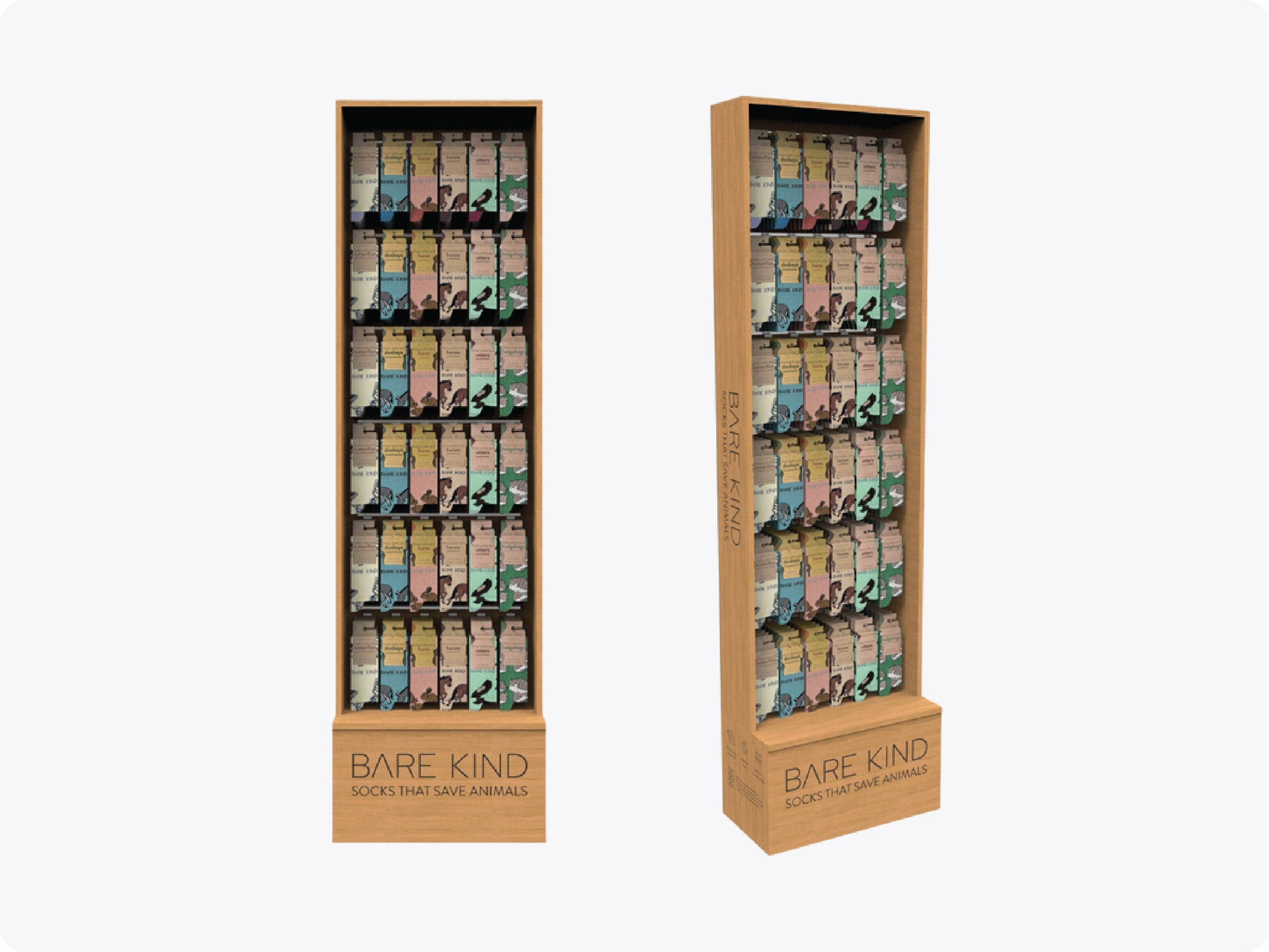 Two display stands with 'Bare Kind' branding and colorful sock packages on a white background.