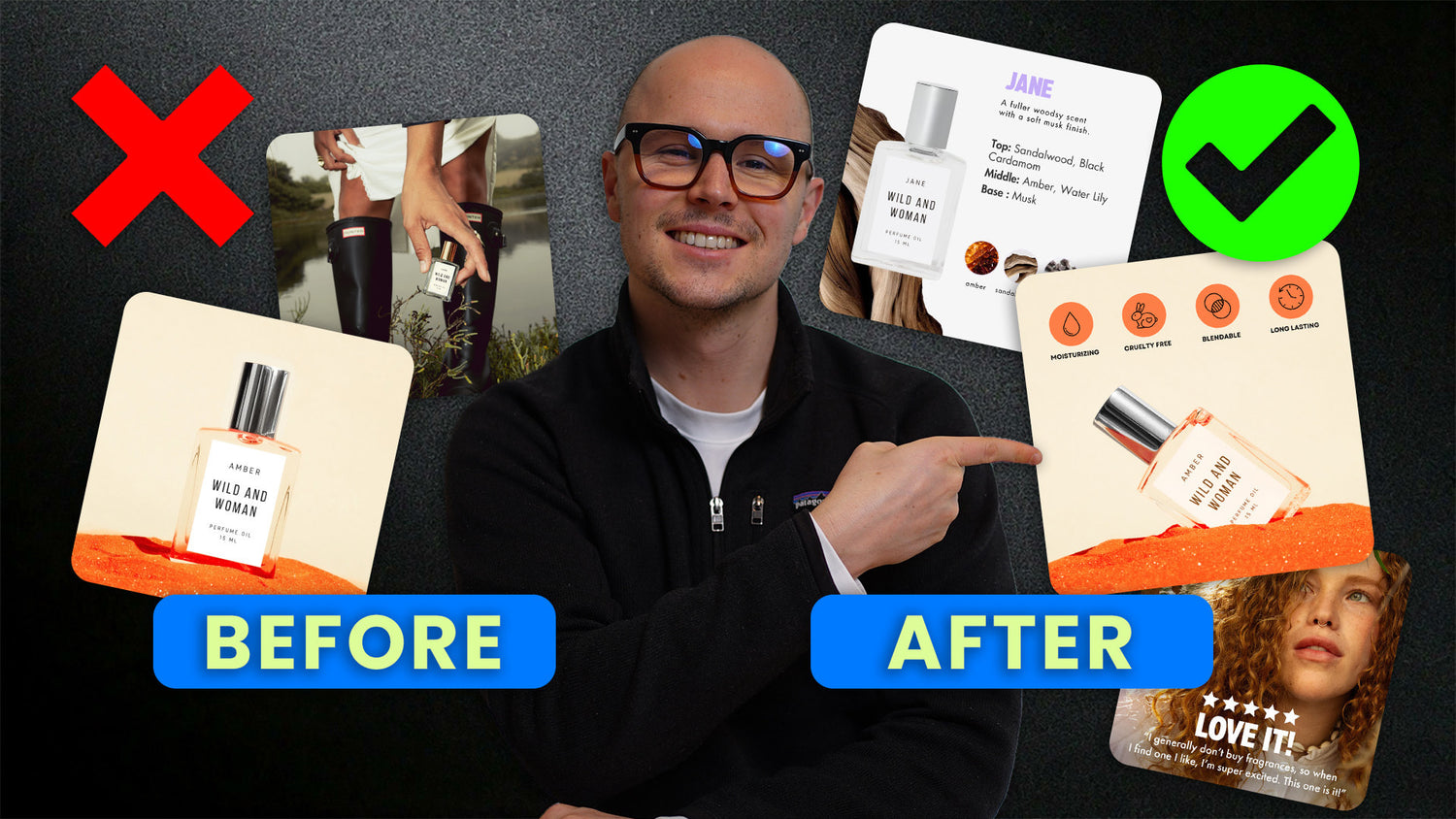 Andrew Kemp pointing to 'before' and 'after' product images with a black background