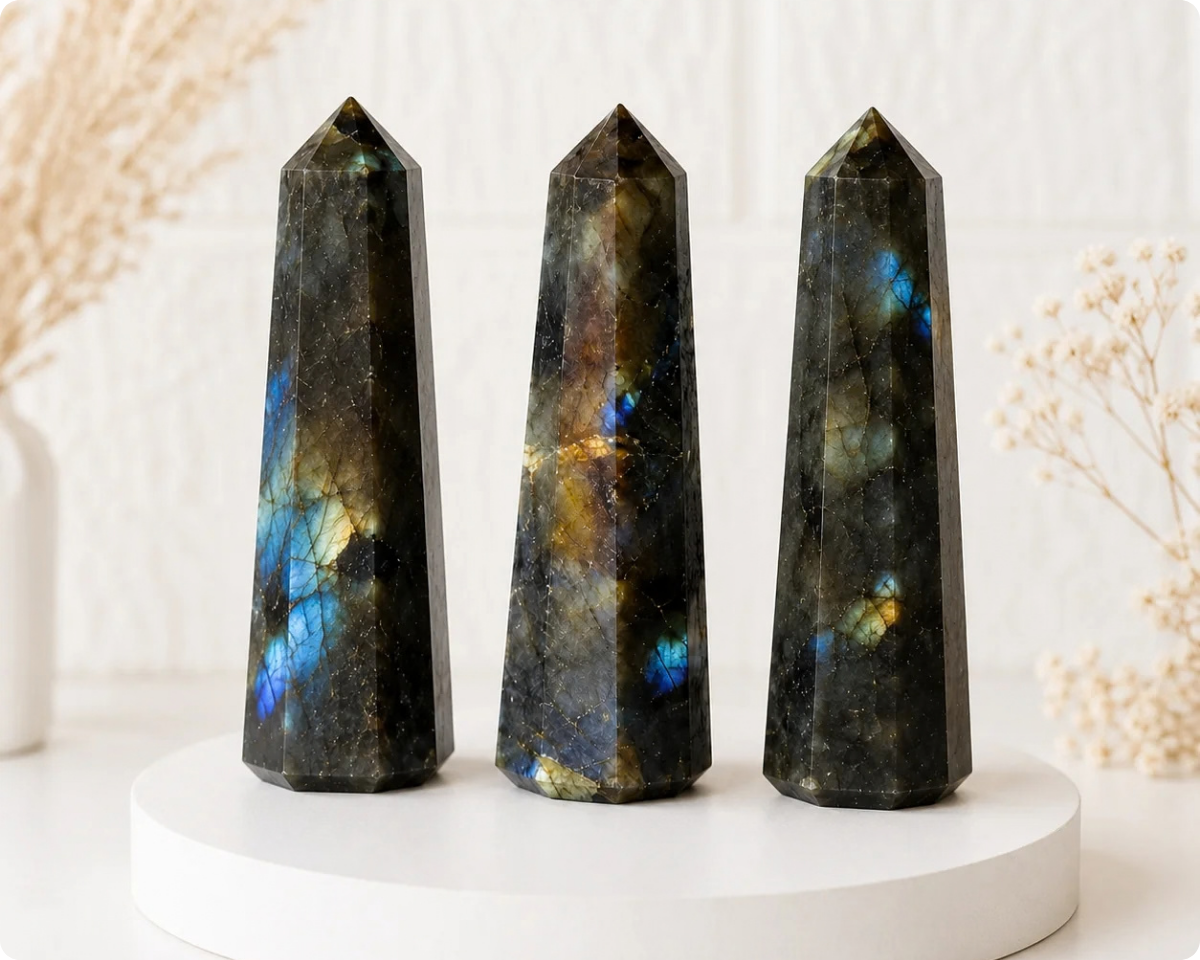 Three faceted black labradorite crystal points with vibrant blue and gold flashes, displayed on a round white pedestal against a white brick wall backdrop with dried floral decorations.