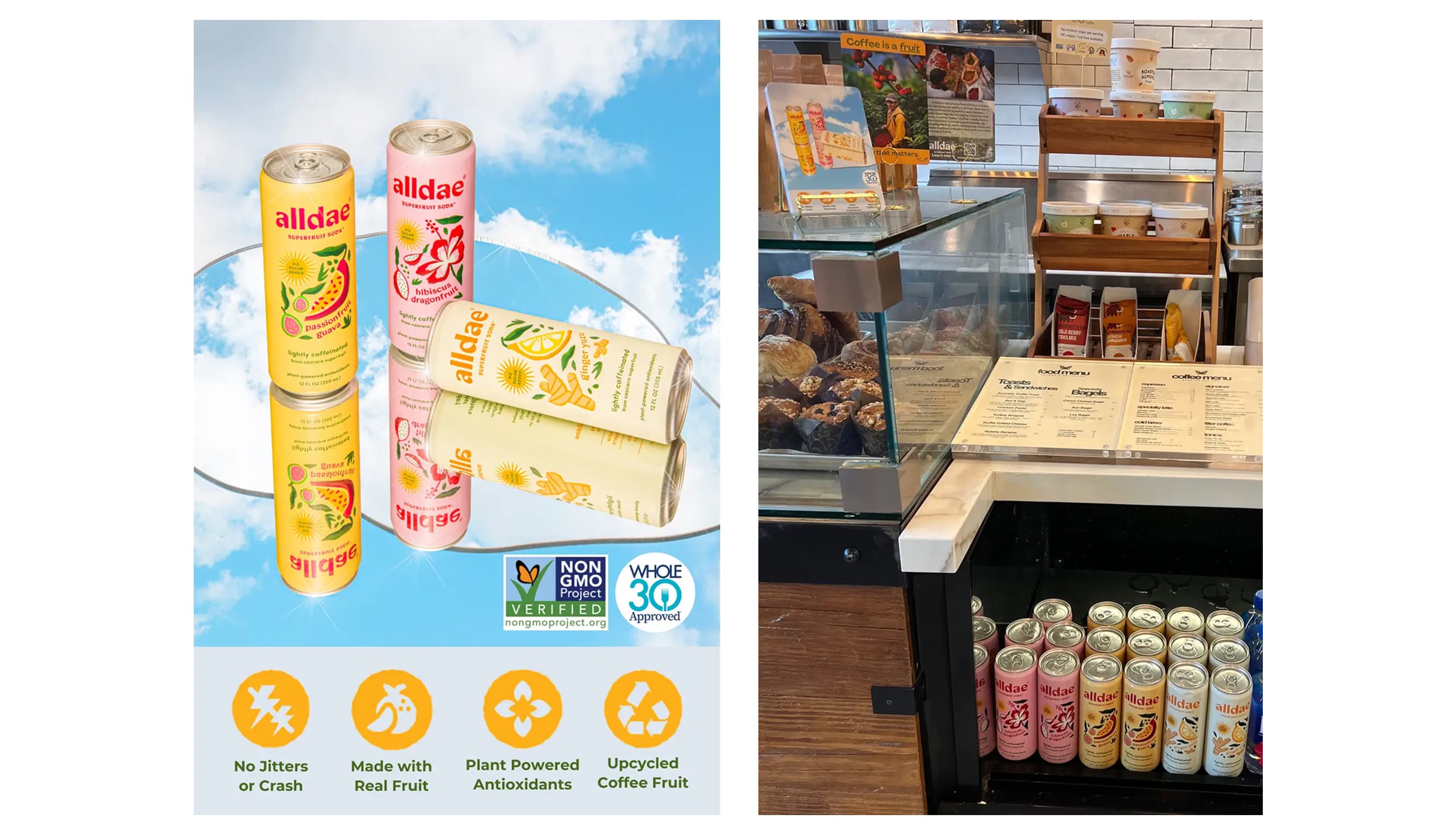 Two images: one of Allendale drinks on a blue sky background, and another of a store interior with drinks displayed.