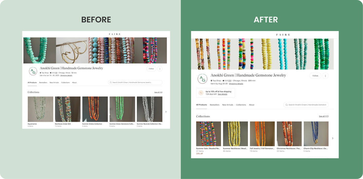Comparison of jewelry website layout before and after design changes on a green background.