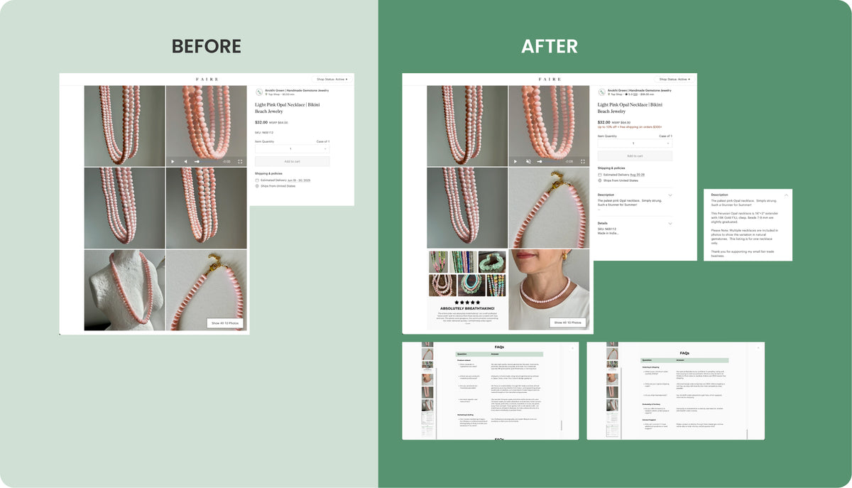 Comparison of a product page layout 'Before' and 'After' on a green background.