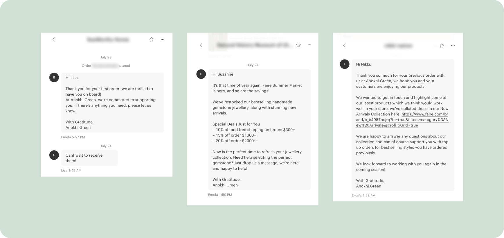 Three customer support chat window conversations on a light green background
