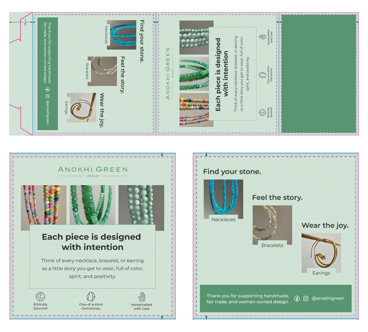 Custom table talker for Anokhi Green Jewelry