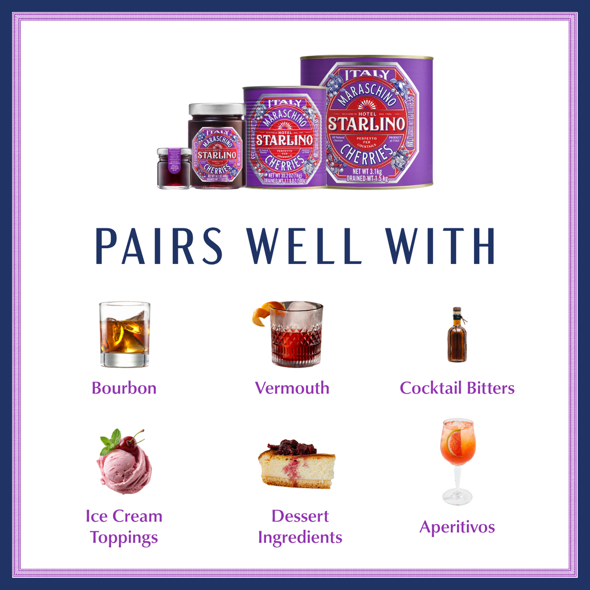 Hotel Starlino pairings graphic with bourbon, vermouth, bitters and desserts