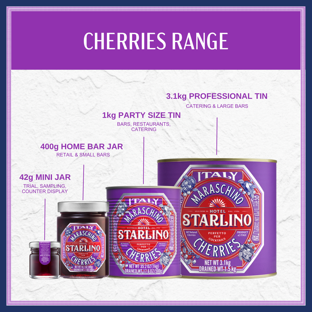 Hotel Starlino cherries range graphic showing four pack sizes