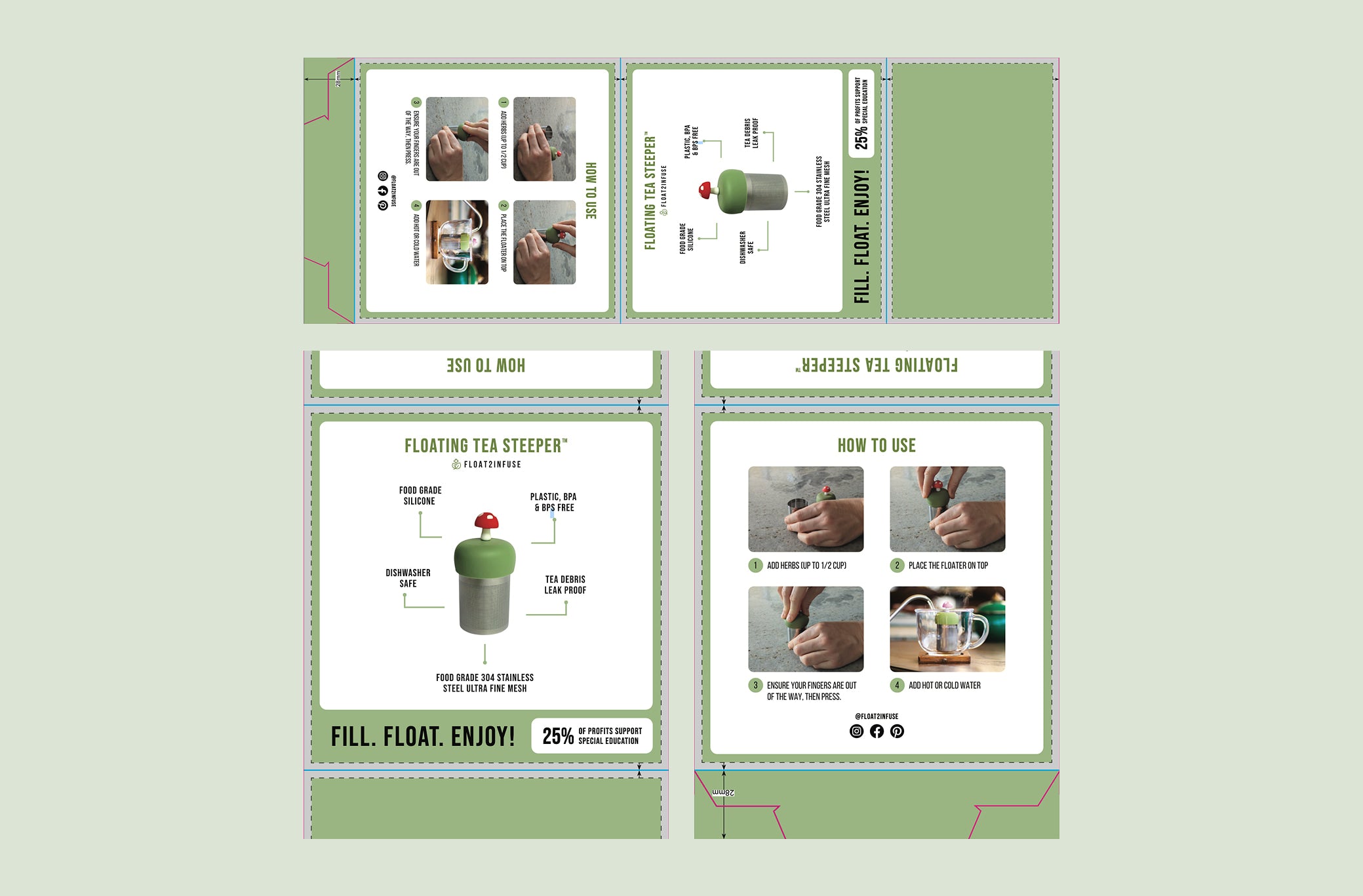 Set of instructional cards for a tea steeper on a light green background