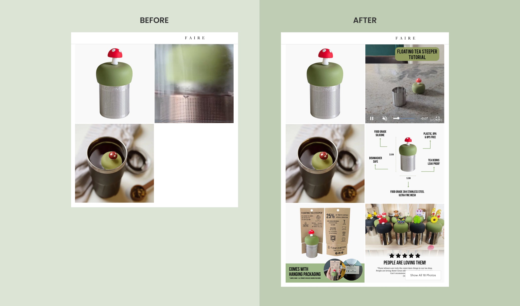 Before and after comparison of a product design on a green background