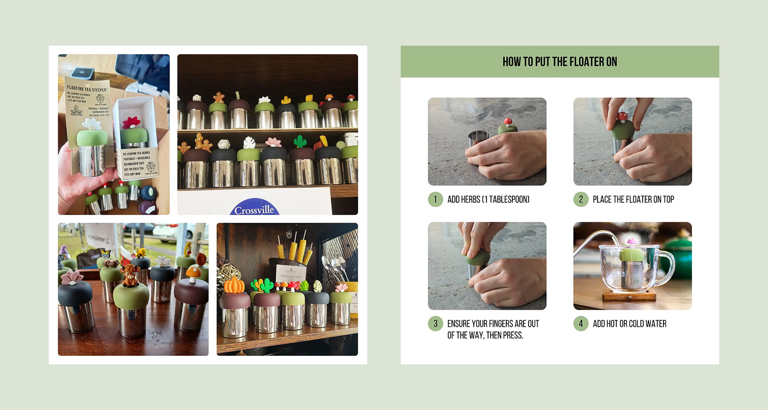 Product display with step-by-step instructions on how to use a product, featuring various items and hands demonstrating actions.