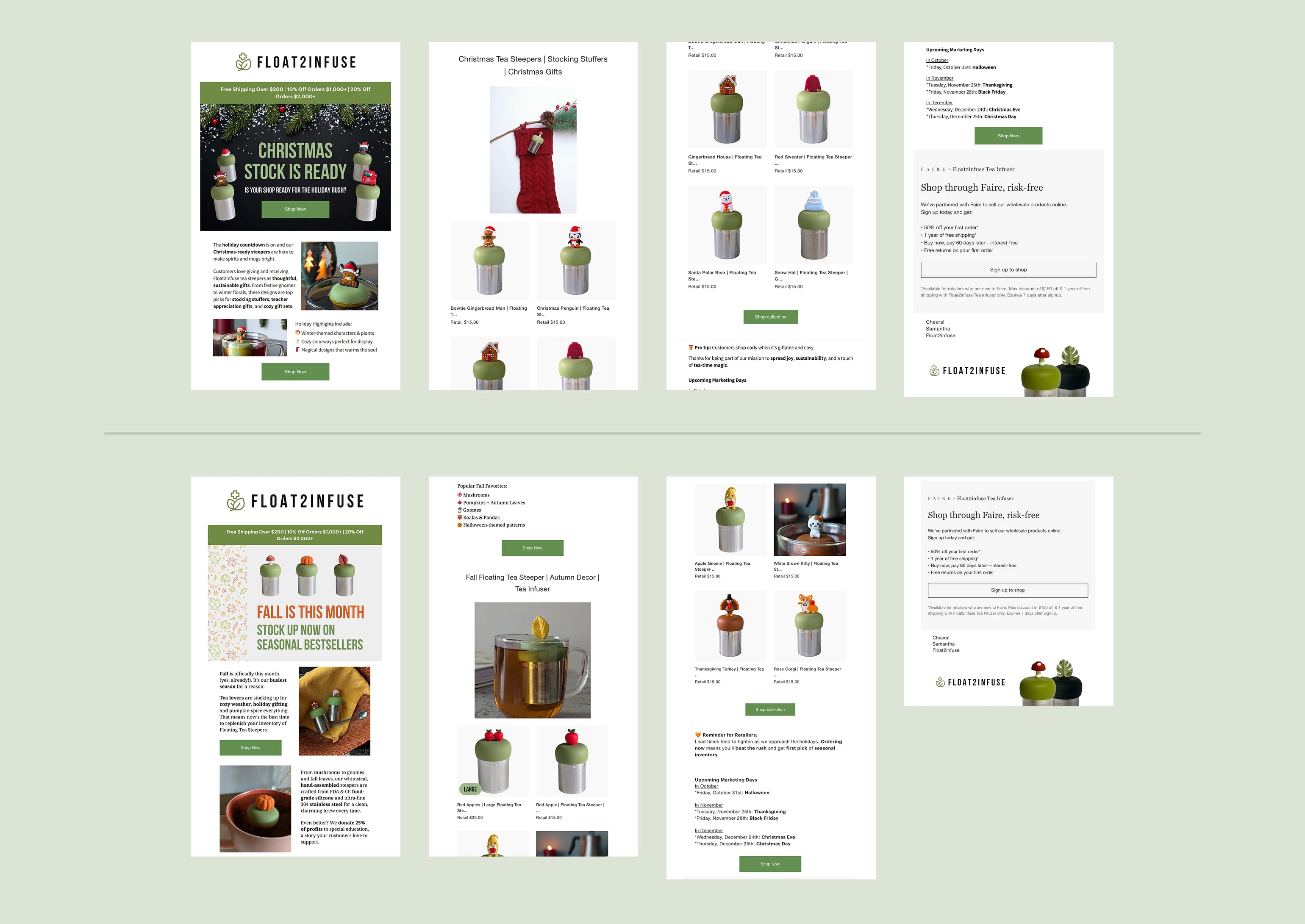 Grid of promotional emails for a product on a light green background