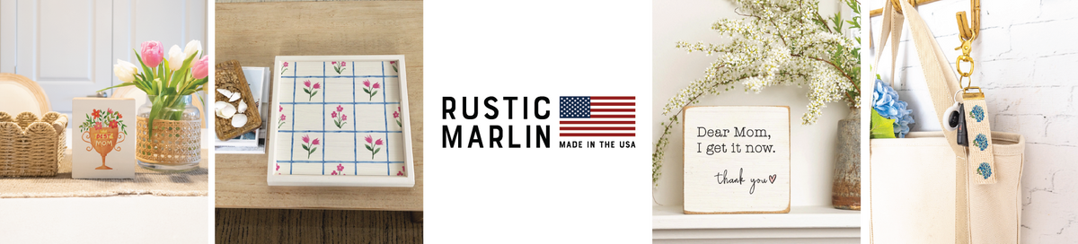 Rustic Marlin April shop banner featuring floral products, gifts for Mom and hydrangea accessories