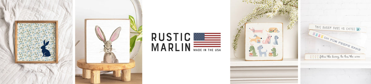 Rustic Marlin Easter shop banner featuring bunny illustrations and spring gifts