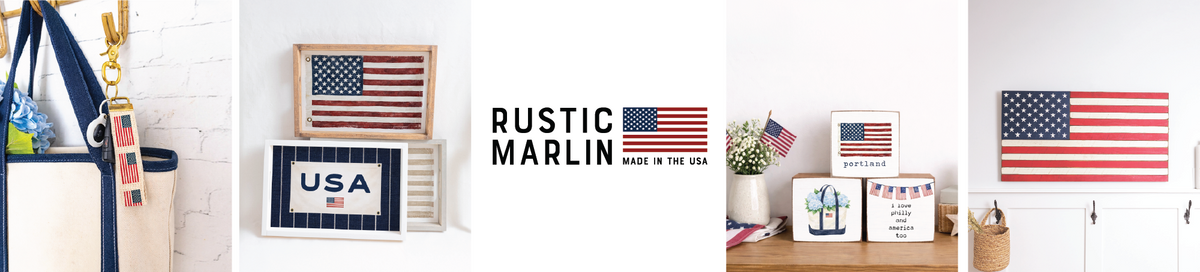 Rustic Marlin June shop banner featuring American flag designs and summer home decor