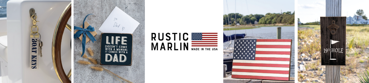 Rustic Marlin May shop banner featuring coastal accessories, Father’s Day gifts and wooden flags