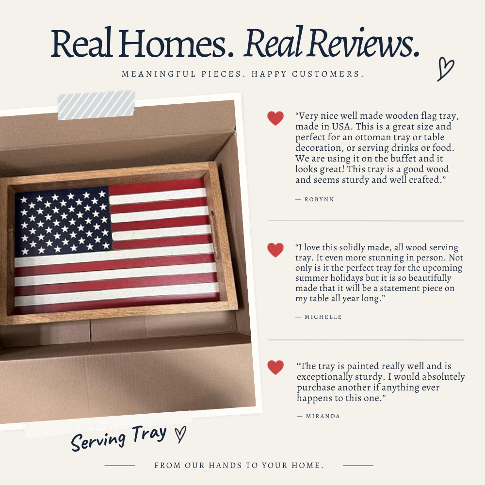 Customer review artwork featuring a handcrafted American flag serving tray