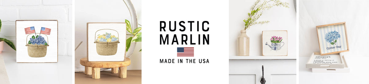 Rustic Marlin spring shop banner featuring hydrangeas, tulips and illustrated gift designs