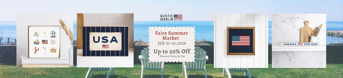 Rustic Marlin Faire Summer Market banner for July 21–23, 2026, featuring summer products and promotional messaging