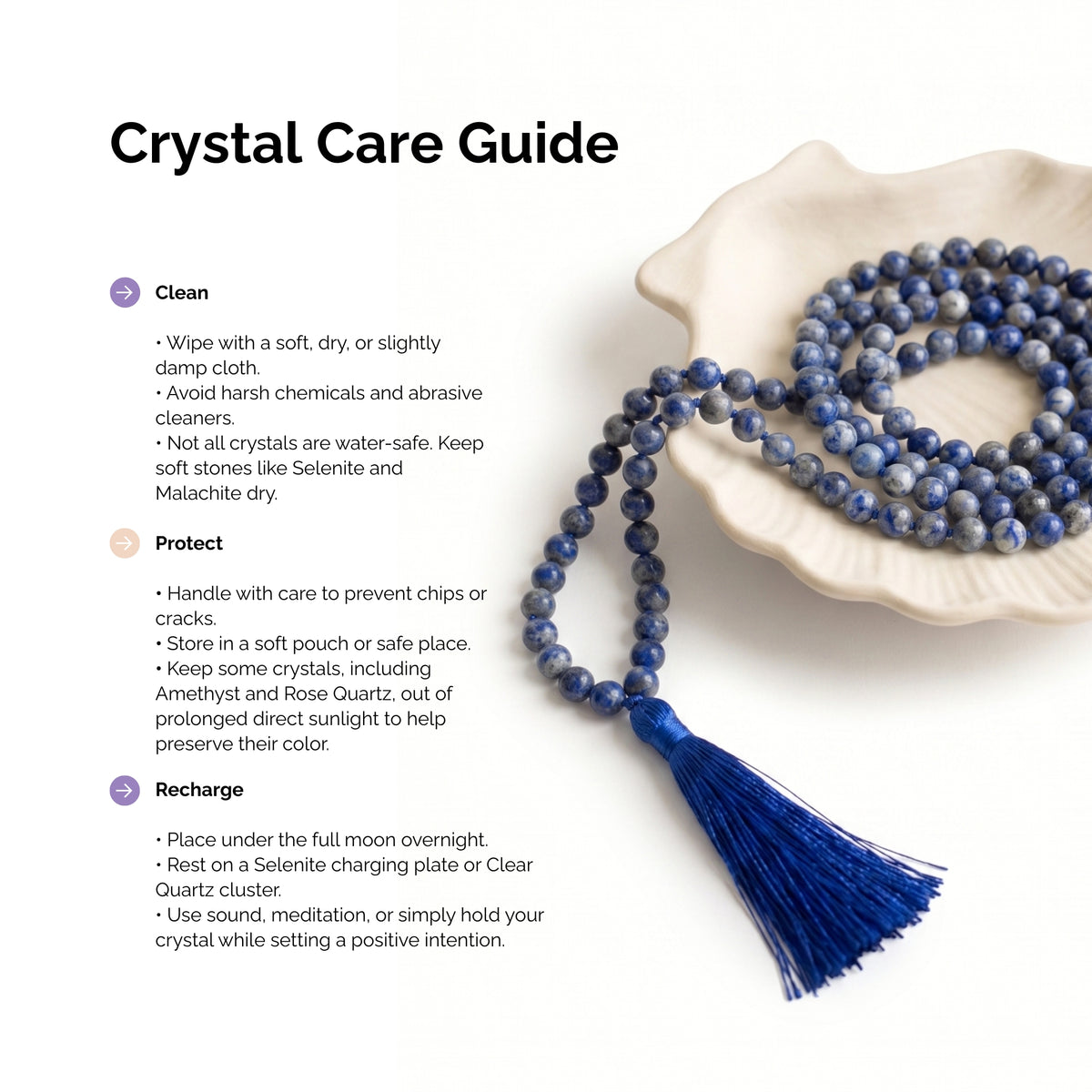 Crystal care guide artwork featuring a blue gemstone mala