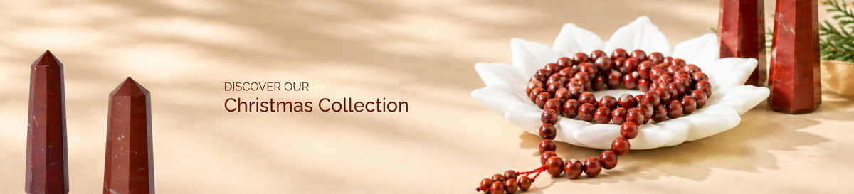 Soothing Crystals Christmas Collection Faire shop banner with red crystals and a gemstone mala