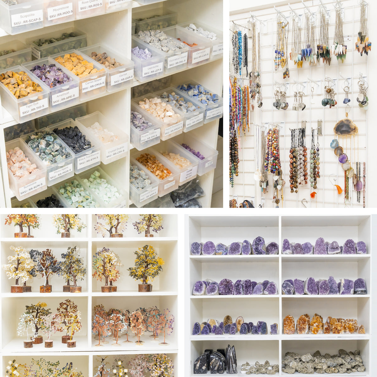 Soothing Crystals range displayed in store, including rough stones, pendants, gemstone trees and crystal clusters