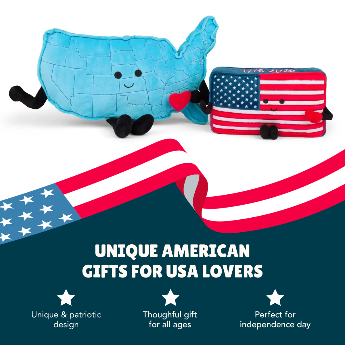 USA map and American flag plush above the headline Unique American Gifts for USA Lovers