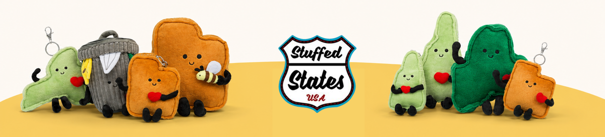 Stuffed States fall banner with green and orange plush characters