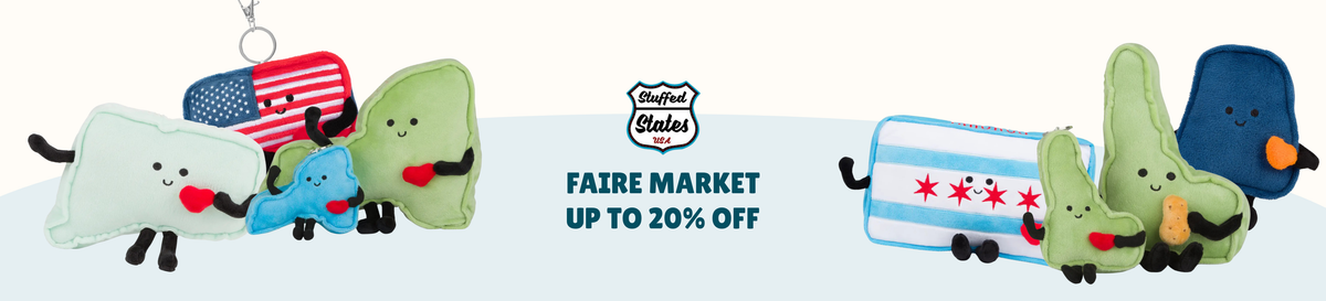 Stuffed States Faire Market shop banner with plush and an up to 20 percent off headline