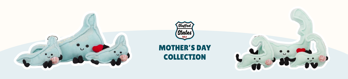 Stuffed States Mother’s Day shop banner with light blue plush and keychains