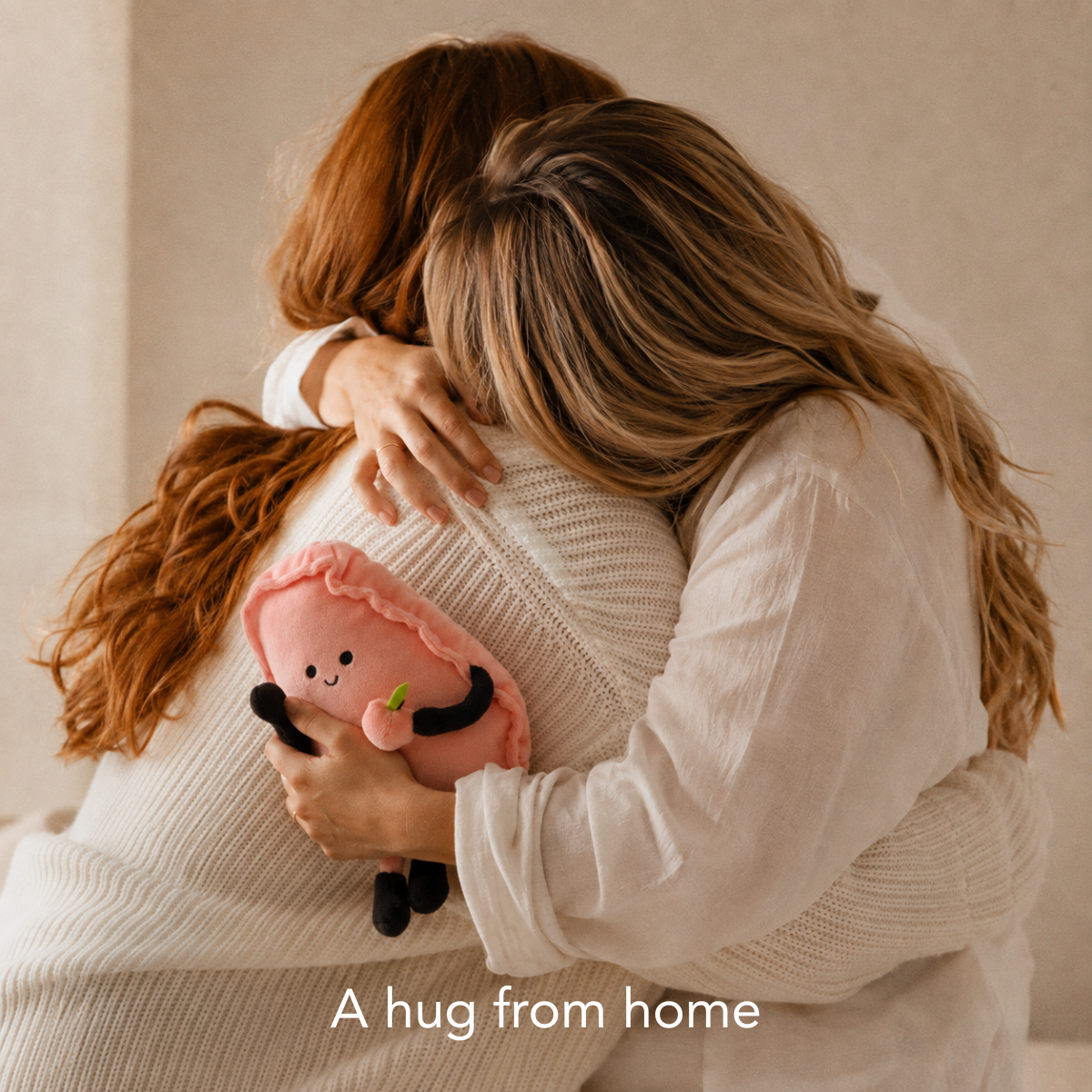 Two people hugging while holding a Georgia Stuffed States plush