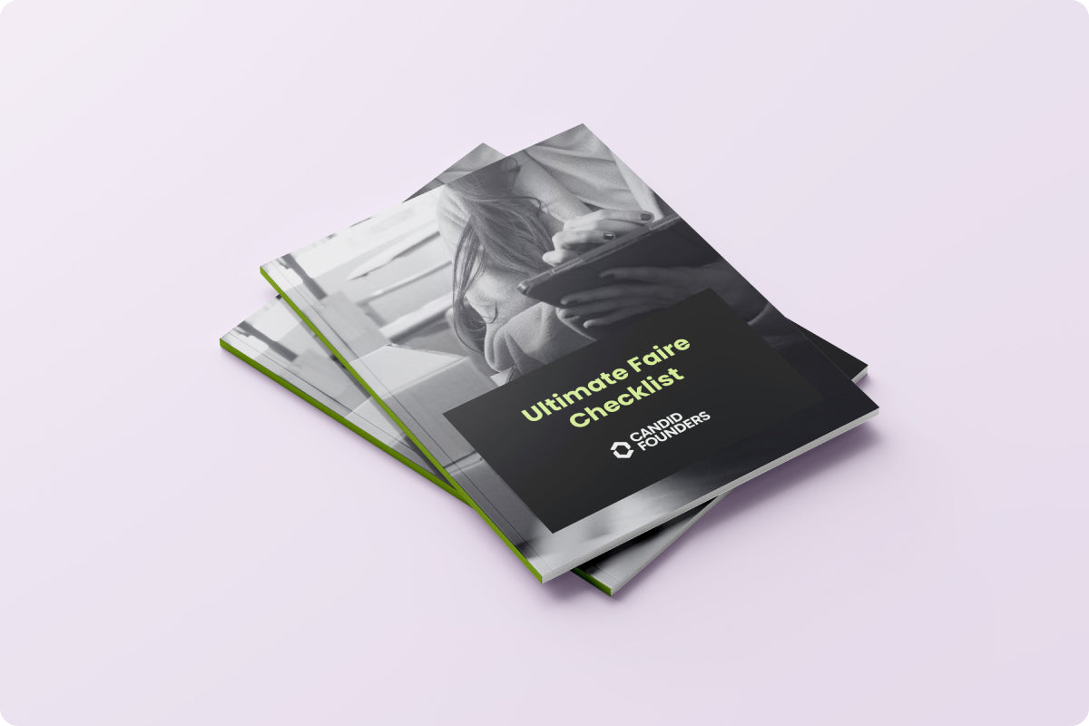 Stack of brochures titled 'Ultimate Faire Checklist' on a light purple background