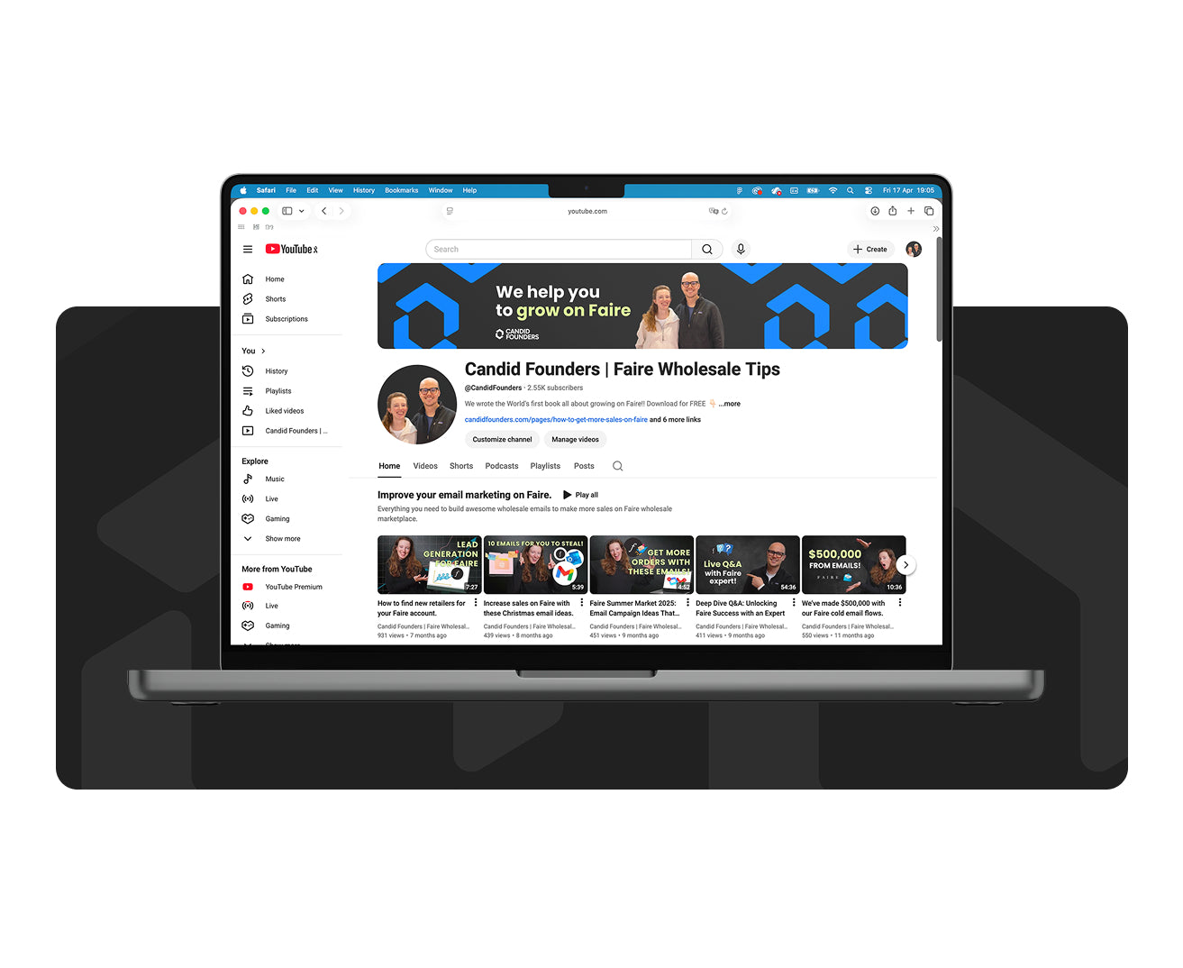 Laptop displaying a YouTube channel page with a focus on a video about Faire Wholesale Tips of Candid Founders